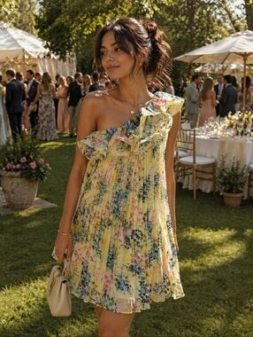 Samuel Dong One Shoulder Garden Floral Pleated Dress S Wedding Guest Chiffon NWT